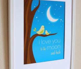 I Love You to the Moon and Back with Green Birds Nursery Art Print, 8x10 