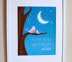 I Love You to the Moon and Back with Pink Birds Nursery Art Print, 8x10 