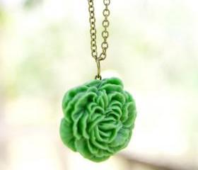 Green Matte Peony Flower Necklace, Vintage Style with Antique Brass Chain - Pear Tree