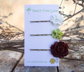 Brown Rose, White Lily, & Green Cabochon Hairpins Vintage Style - Juniper