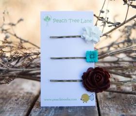 Turqoise-Blue, White Lily Flower, Brown Rose Cabochon Hairpins Vintage Style Hairpins - Lily Pad