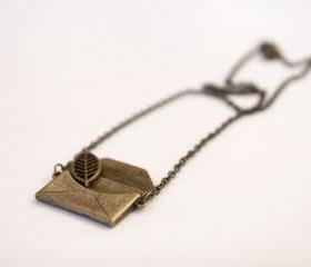 Large Leaf and Love Note Necklace, Antique Brass Vintage Style Necklace - Clementine