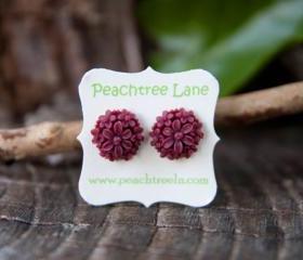 Red-Maroon Rose & Daisy Flower Post Earrings - Wine