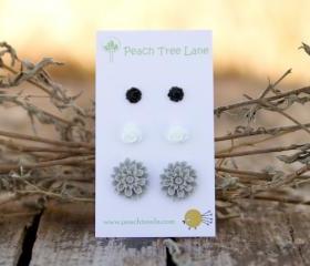 Grey, White, & Black Rose and Chrysanthemum Flower Post Earring Studs - Noir