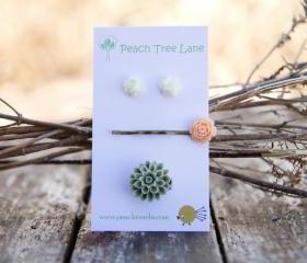 Peach-Pink Rose Hairpin, White Rose Flower Studs, & Green-Moss Chrysanthemum Ring - Peachy Keen