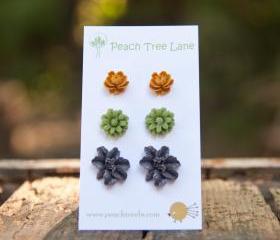 Green Daisy, Purple Lily, Mustard Yellow Rose Post Earring Studs - Persimmon