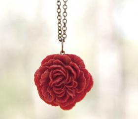 Red-Crimson Peony Flower Cabochon Necklace Vintage Style perfect for Bridesmaid Gifts - Ruby