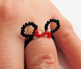 Beaded Minnie Mouse Ears Ring Custom Polka Dot Bow Colors