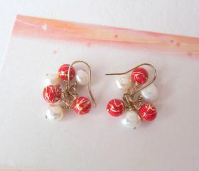 Oriental Elegance Earrings-14K gold, White Cultured Pearls & Red-Gold Beads