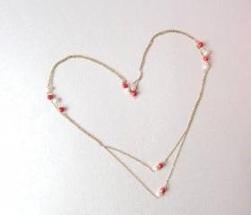 Oriental Elegance Long Necklace -14K gold, White Cultured Pearls & Red/Gold Beads