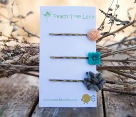 Grey Lily, Turquoise-Aqua, & Peach Rose Cabochon Flower Hairpins Maid of Honor Gifts - Dew