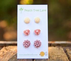 Mum and Rose Flower Post Studs - Cream, Pale Pink, Lavender - Baby's Breath