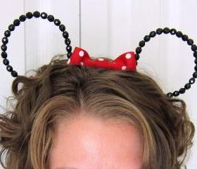 Beaded Minnie Mouse Ears Headband Hat Red Bow