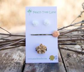 White Rose Earrings, Peach Rose Hairpin, Khaki-Tan Flower Bouquet Ring Assorted Set - Chai