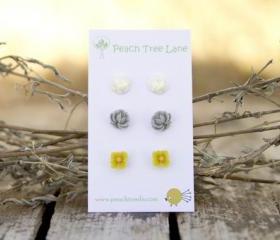Mustard Yellow, Grey, & Cream-Ivory Flower Post Earrings perfect for Bridesmaid Gifts - Heather