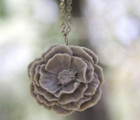 Large Grey Peony Rose Flower Necklace Vintage Style