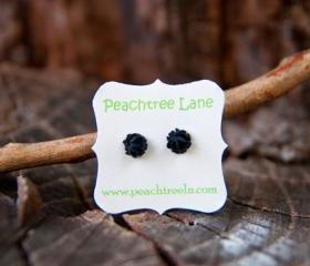 Tiny Black Rose Cabochon Post Earring Stud - Coal