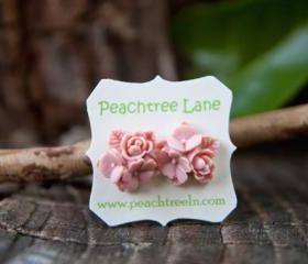 Pale Pink Flower Stud Earrings Vintage Style with Nickel Free Posts - Blush