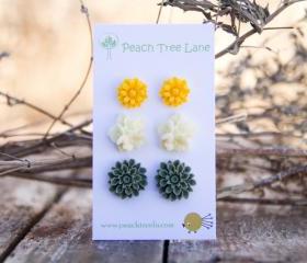 Mustard Yellow Daisy Earring Post, Cream-Ivory Flower Earring, Green-Moss Chrysanthemum Post Earring - Spring