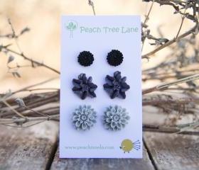 Grey Mum, Purple Lily, & Black Chrysanthemum Flower Post Earring Set Vintage Style - Dusk