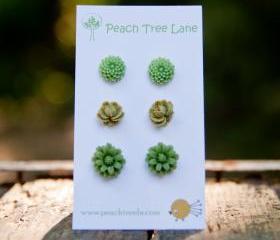 Light Green, Olive Green, Daisy Mum & Rose Cabochon Flower Post Earrings - Split Pea