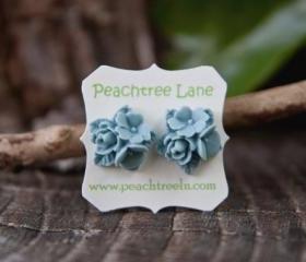 Blue Rose & Lily Flower Cabochon Post Earring Studs - Belle