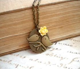 Kissing Couple Pendant - Bird Necklace - Ivory Flower Necklace 