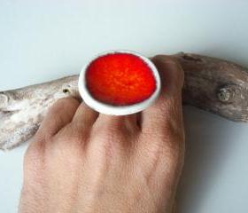 Round red and and white ring, fashion jewelry, ceramic