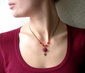Flower Necklace - Heart Necklace - Maroon Flower Red Glass Necklace - Vintage Necklace
