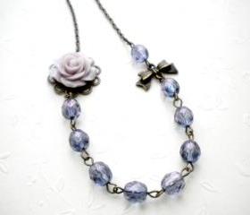 Flower Necklace - Purple Glass Flower Cabochon Necklace - Vintage Necklace - Bridesmaid Necklace