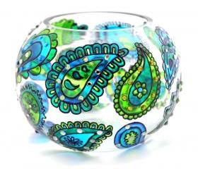 Hand Painted Glass Bowl, Blue-Green, Paisley
