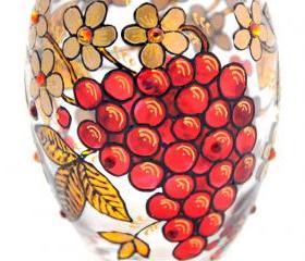 Hand Painted Glass Jar with Lid, Rowan Berries, Khokhloma-inspired