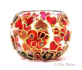Hand Painted Glass Candle Holder, Hearts