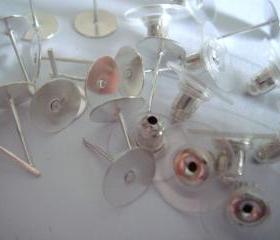 50pcs Silver Stainless Steel Earring Posts and Rubber Backs With 8mm Glue Pads - Australia