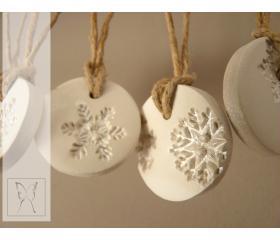 Silver dusted white snowflake porcelain ornament. Set of 5