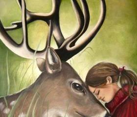 art print with deer and child