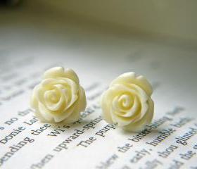 Cream White Rose Titanium Earrings. Titanium Post. Hypoallergenic. Bridesmaid Earrings