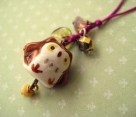 Phone charm with cute porcelain owl - When spring is here