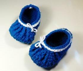 Baby booties - gathered bow style - bright blue and white