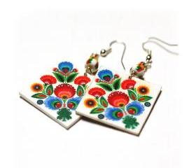 Rainbow Floral polish folk cut out motif Earrings - Decoupage Square Earrings - Colorful - double faced
