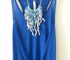 Crochet fringes necklace. Pale blue, pale grey cotton tassels
