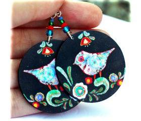 Birds Earrings Folk primitive art funky Round decoupage jewelry 