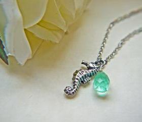 Seahorse Necklace. Antique Silver. Aqua Blue Teardrop Briolette. Marine. Nautical. Summer