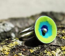 Enamel sterling silver ring - Green poppy