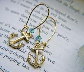 Matte Gold Anchor And Swarovski Crystal Earrings. Swarovski Crystals Aquamarine Aurora Borealis