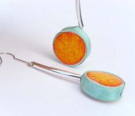 Orange and aqua earrings, spring fashion, ceramic jewelry