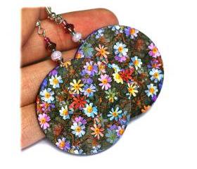 Meadow Flowers Lilac violet blue red Round - decoupage earrings - double faced 