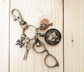 Charm Keychain, Glasses and Vintage Clock