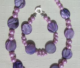 Necklace & Bracelet Set - Mother of Pearl and Shell Pearl - 'Lavender Fantasia'