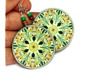 Wildflowers Ornament Earrings Dark green yellow rusty Round - decoupage earrings - double faced 